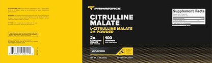 PrimaForce L-Citrullin-Malat-Pulver, ungesüßt, Pre-Workout-Supplement, 200 g – Steigert Energie, Fördert Erholung, Verbessert Kraftleistung – Vegan, Nicht-GVO