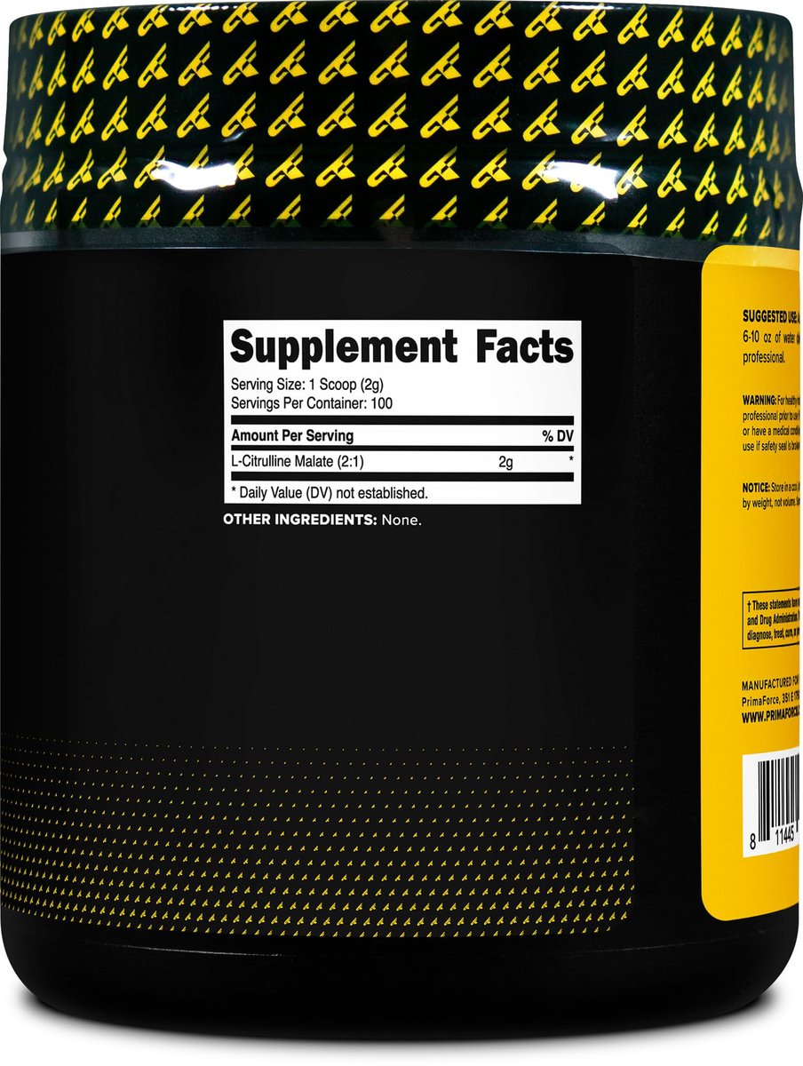 PrimaForce L-Citrullin-Malat-Pulver, ungesüßt, Pre-Workout-Supplement, 200 g – Steigert Energie, Fördert Erholung, Verbessert Kraftleistung – Vegan, Nicht-GVO