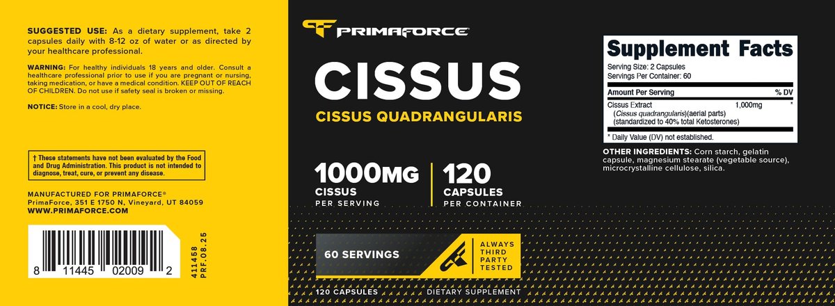 Primaforce Cissus Quadrangularis Extrakt, 120 Kapseln, 1000 mg pro Portion - Glutenfrei, Nicht-GVO
