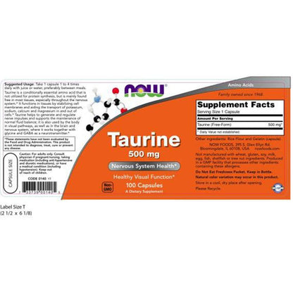 NOW Foods Taurin 500 mg Kapseln, 2er-Pack (100 Kapseln)