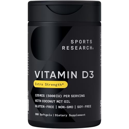 Sports Research Vitamin D3 5000 IE mit Kokos-MCT-Öl – Hochdosiertes Vitamin-D-Präparat für Immun- und Knochenunterstützung – Non-GMO verifiziert, gluten- & sojafrei – 125 µg, 360 flüssige Weichkapseln