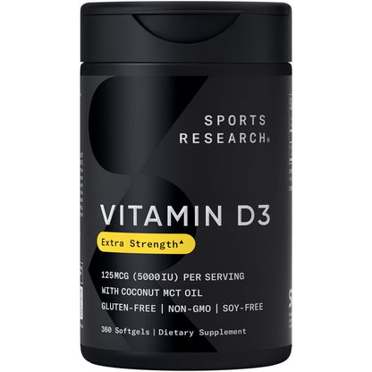 Sports Research Vitamin D3 5000 IE mit Kokos-MCT-Öl – Hochdosiertes Vitamin-D-Präparat für Immun- und Knochenunterstützung – Non-GMO verifiziert, gluten- & sojafrei – 125 µg, 360 flüssige Weichkapseln