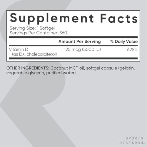 Sports Research Vitamin D3 5000 IE mit Kokos-MCT-Öl – Hochdosiertes Vitamin-D-Präparat für Immun- und Knochenunterstützung – Non-GMO verifiziert, gluten- & sojafrei – 125 µg, 360 flüssige Weichkapseln