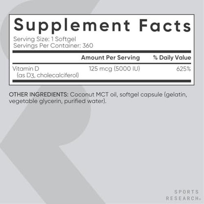 Sports Research Vitamin D3 5000 IE mit Kokos-MCT-Öl – Hochdosiertes Vitamin-D-Präparat für Immun- und Knochenunterstützung – Non-GMO verifiziert, gluten- & sojafrei – 125 µg, 360 flüssige Weichkapseln