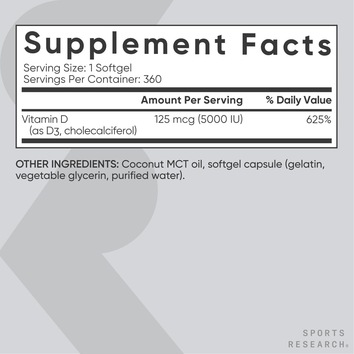 Sports Research Vitamin D3 5000 IE mit Kokos-MCT-Öl – Hochdosiertes Vitamin-D-Präparat für Immun- und Knochenunterstützung – Non-GMO verifiziert, gluten- & sojafrei – 125 µg, 360 flüssige Weichkapseln