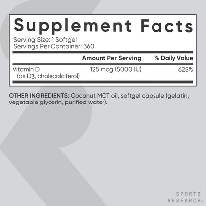 Sports Research Vitamin D3 5000 IE mit Kokos-MCT-Öl – Hochdosiertes Vitamin-D-Präparat für Immun- und Knochenunterstützung – Non-GMO verifiziert, gluten- & sojafrei – 125 µg, 360 flüssige Weichkapseln