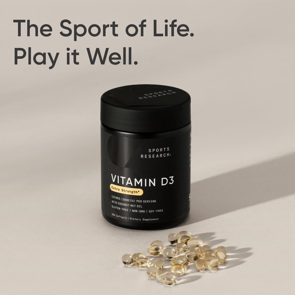 Sports Research Vitamin D3 5000 IE mit Kokos-MCT-Öl – Hochdosiertes Vitamin-D-Präparat für Immun- und Knochenunterstützung – Non-GMO verifiziert, gluten- & sojafrei – 125 µg, 360 flüssige Weichkapseln