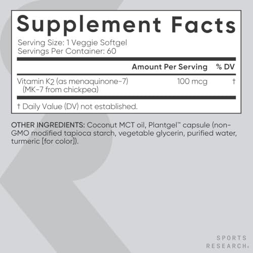 Sports Research® Vitamin K2 als MK-7 100mcg mit Kokos-MCT-Öl – 60 vegane Weichkapseln (2-Monats-Vorrat) – Vegan zertifiziert, Non-GMO verifiziert, gluten- & sojafrei