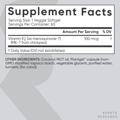 Sports Research® Vitamin K2 als MK-7 100mcg mit Kokos-MCT-Öl – 60 vegane Weichkapseln (2-Monats-Vorrat) – Vegan zertifiziert, Non-GMO verifiziert, gluten- & sojafrei