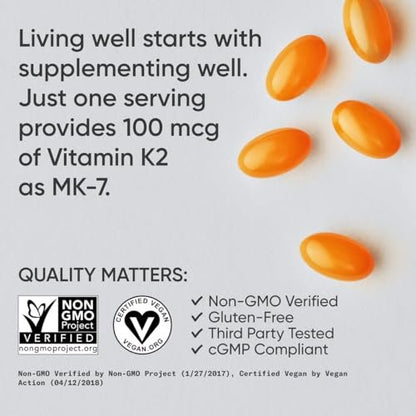 Sports Research® Vitamin K2 als MK-7 100mcg mit Kokos-MCT-Öl – 60 vegane Weichkapseln (2-Monats-Vorrat) – Vegan zertifiziert, Non-GMO verifiziert, gluten- & sojafrei