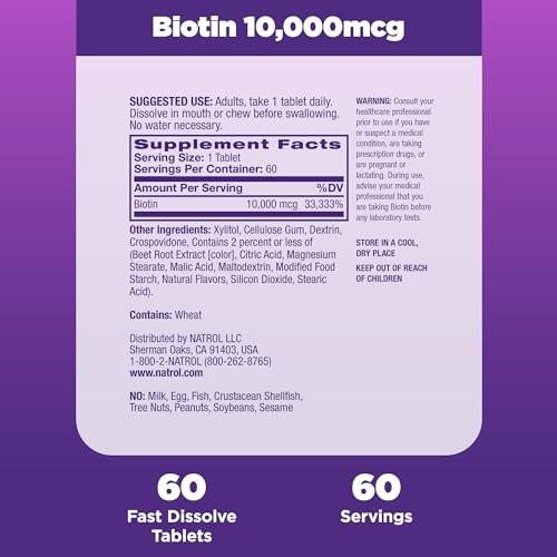 Natrol Biotin 10000mcg – 4x schneller lösliches Nahrungsergänzungsmittel für gesundes Haar, Haut und Nägel, plus Unterstützung des Energiestoffwechsels, 60 Tabletten, Vorrat für bis zu 60 Tage