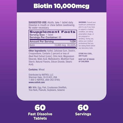 Natrol Biotin 10000mcg – 4x schneller lösliches Nahrungsergänzungsmittel für gesundes Haar, Haut und Nägel, plus Unterstützung des Energiestoffwechsels, 60 Tabletten, Vorrat für bis zu 60 Tage