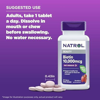 Natrol Biotin 10000mcg – 4x schneller lösliches Nahrungsergänzungsmittel für gesundes Haar, Haut und Nägel, plus Unterstützung des Energiestoffwechsels, 60 Tabletten, Vorrat für bis zu 60 Tage