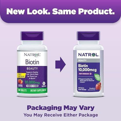 Natrol Biotin 10000mcg – 4x schneller lösliches Nahrungsergänzungsmittel für gesundes Haar, Haut und Nägel, plus Unterstützung des Energiestoffwechsels, 60 Tabletten, Vorrat für bis zu 60 Tage