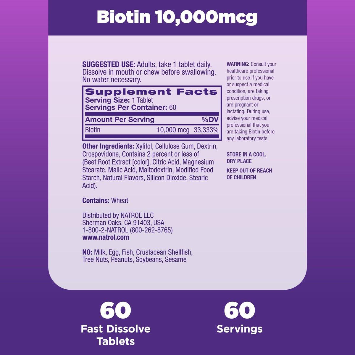 Natrol Biotin 10000mcg – 4x schneller lösliches Nahrungsergänzungsmittel für gesundes Haar, Haut und Nägel, plus Unterstützung des Energiestoffwechsels, 60 Tabletten, Vorrat für bis zu 60 Tage