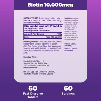 Natrol Biotin 10000mcg – 4x schneller lösliches Nahrungsergänzungsmittel für gesundes Haar, Haut und Nägel, plus Unterstützung des Energiestoffwechsels, 60 Tabletten, Vorrat für bis zu 60 Tage