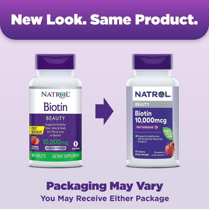 Natrol Biotin 10000mcg – 4x schneller lösliches Nahrungsergänzungsmittel für gesundes Haar, Haut und Nägel, plus Unterstützung des Energiestoffwechsels, 60 Tabletten, Vorrat für bis zu 60 Tage