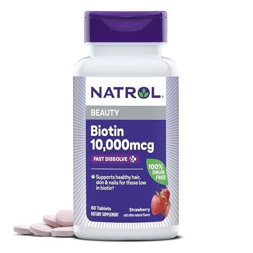 Natrol Biotin 10000mcg – 4x schneller lösliches Nahrungsergänzungsmittel für gesundes Haar, Haut und Nägel, plus Unterstützung des Energiestoffwechsels, 60 Tabletten, Vorrat für bis zu 60 Tage