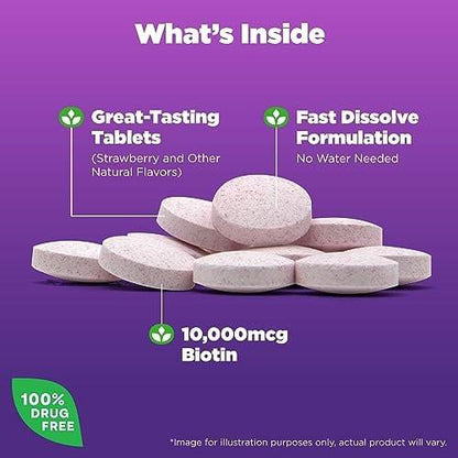 Natrol Biotin 10000mcg – 4x schneller lösliches Nahrungsergänzungsmittel für gesundes Haar, Haut und Nägel, plus Unterstützung des Energiestoffwechsels, 60 Tabletten, Vorrat für bis zu 60 Tage