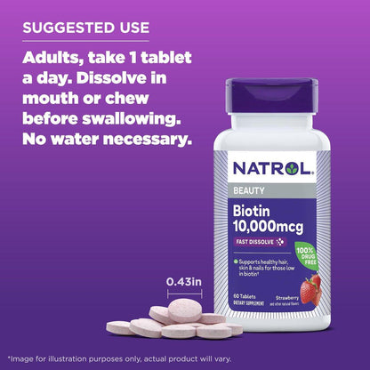 Natrol Biotin 10000mcg – 4x schneller lösliches Nahrungsergänzungsmittel für gesundes Haar, Haut und Nägel, plus Unterstützung des Energiestoffwechsels, 60 Tabletten, Vorrat für bis zu 60 Tage