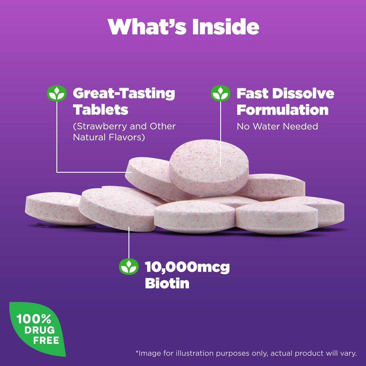 Natrol Biotin 10000mcg – 4x schneller lösliches Nahrungsergänzungsmittel für gesundes Haar, Haut und Nägel, plus Unterstützung des Energiestoffwechsels, 60 Tabletten, Vorrat für bis zu 60 Tage