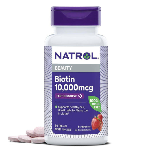Natrol Biotin 10000mcg – 4x schneller lösliches Nahrungsergänzungsmittel für gesundes Haar, Haut und Nägel, plus Unterstützung des Energiestoffwechsels, 60 Tabletten, Vorrat für bis zu 60 Tage