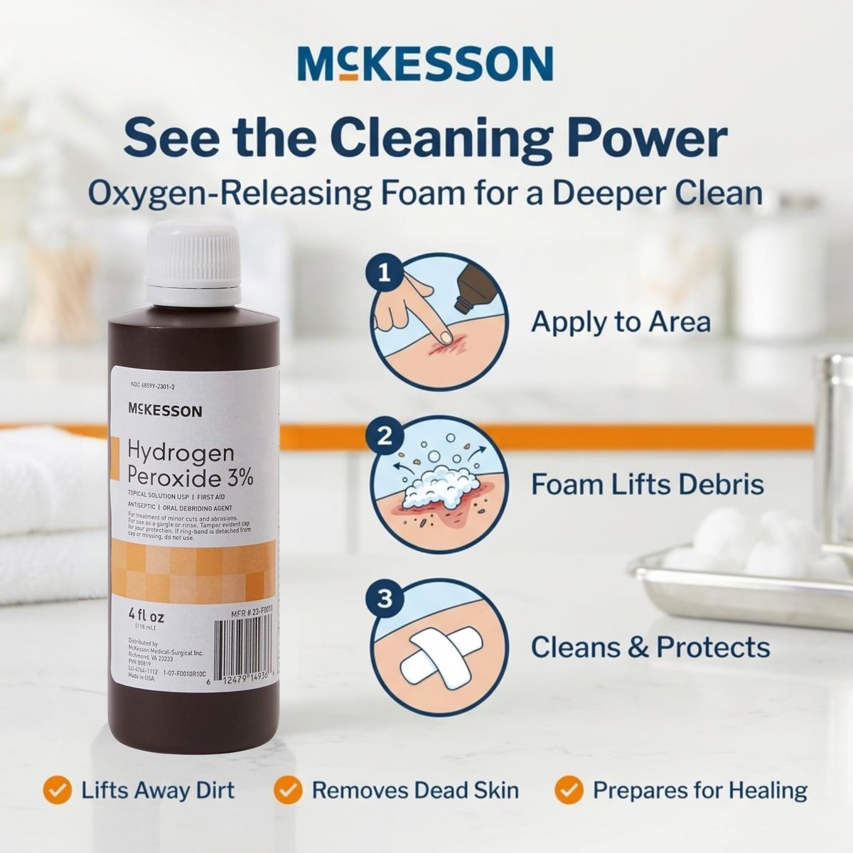 McKesson Wasserstoffperoxid 3% Lösung, 118 ml (4 Unzen) - Topische Lösung USP, Erste-Hilfe-Antiseptikum, Munddesinfektionsmittel