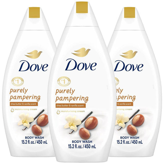 Dove Body Wash 3er-Pack – Purely Pampering mit Sheabutter & warmer Vanille für weichere, glattere Haut, 3 x 450 ml