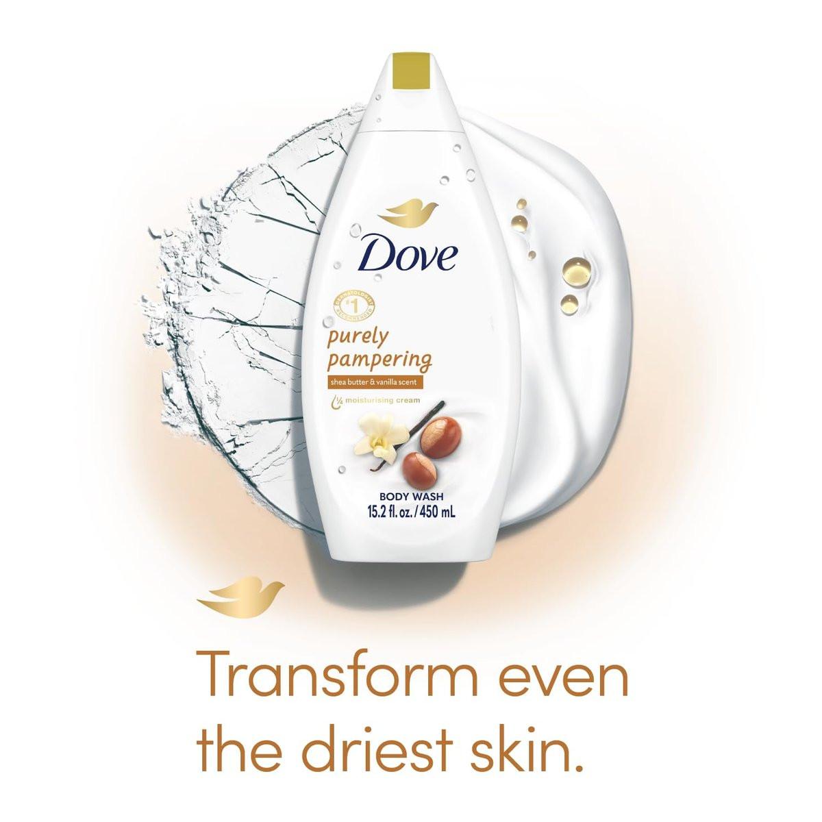 Dove Body Wash 3er-Pack – Purely Pampering mit Sheabutter & warmer Vanille für weichere, glattere Haut, 3 x 450 ml