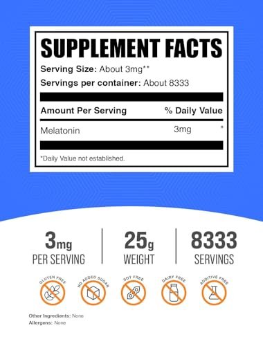 BulkSupplements.com Melatonin Pulver – Reines Melatonin, Schlafhilfe für Erwachsene – Vegan & Glutenfrei, 3 mg pro Portion, 25 g (0,88 oz) (1er-Pack)