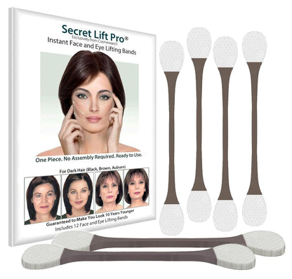 Secret Lift Pro – Vorgefertigte Gesichts- und Augen-Lift-Tapes mit Bändern, 12 Stück (Dunkles Haar)
