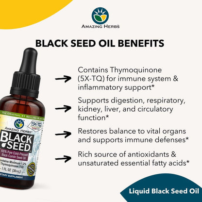 Amazing Herbs Premium Schwarzkümmelöl - Glutenfrei, Nicht-GVO, Kaltgepresstes Nigella Sativa Öl für Verdauungsgesundheit, Immununterstützung, Gehirnfunktion, Gelenkbeweglichkeit - 30 ml
