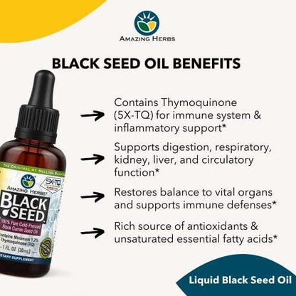 Amazing Herbs Premium Schwarzkümmelöl - Glutenfrei, Nicht-GVO, Kaltgepresstes Nigella Sativa Öl für Verdauungsgesundheit, Immununterstützung, Gehirnfunktion, Gelenkbeweglichkeit - 30 ml