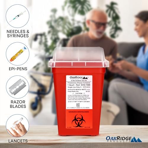Oakridge Products Sharps Container für den Hausgebrauch und professionelle Nutzung 1 Quart (3er-Pack), Biohazard-Nadel- und Spritzenentsorgung, kleiner tragbarer Behälter für Reisen, CDC-zertifiziert