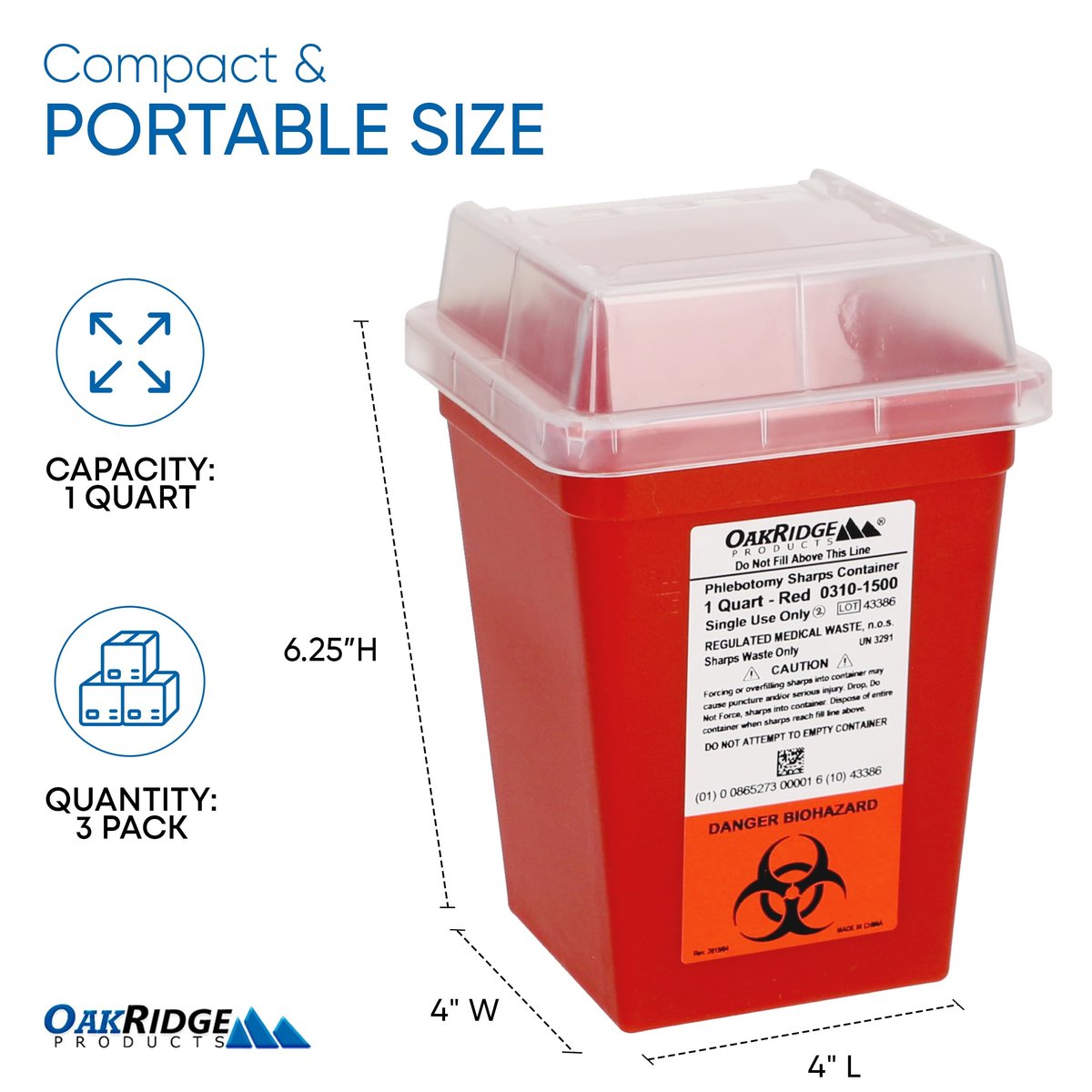Oakridge Products Entsorgungsspender für scharfe Gegenstände – 1 Quart, durchsichtig, für den Heim- und professionellen Gebrauch, CDC-zertifiziert