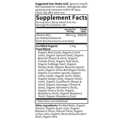 Garden of Life Organics B-12 Spray mit Methylcobalamin – Flüssiges Vitamin-Spray für Energie, Stoffwechsel & Herzgesundheit, Himbeergeschmack, 2 Fl Oz Flasche, 140 Portionen