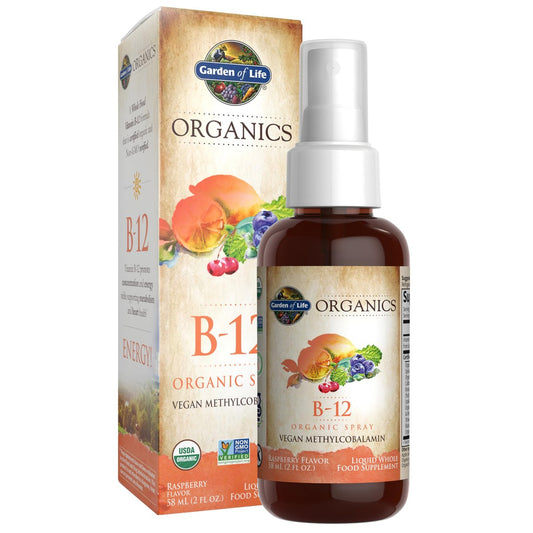 Garden of Life Organics B-12 Spray mit Methylcobalamin – Flüssiges Vitamin-Spray für Energie, Stoffwechsel & Herzgesundheit, Himbeergeschmack, 2 Fl Oz Flasche, 140 Portionen