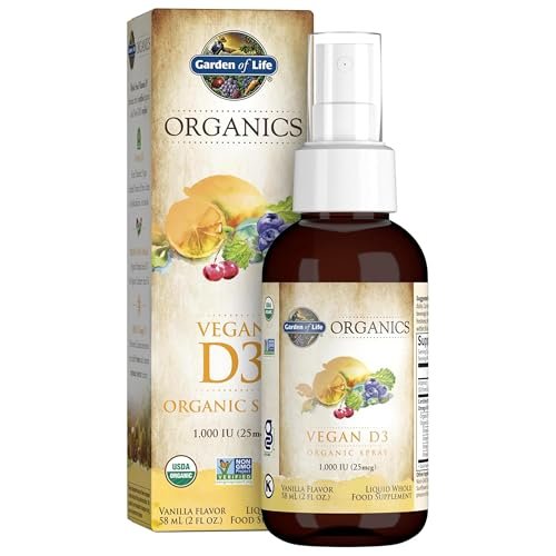 Garden of Life Organics Vegan Vitamin D3 Spray mit Pflanzlichen Omegas – Flüssiges Vitamin D3 für Immununterstützung & Knochengesundheit, 1000 IE, USDA Bio, Nicht-GVO, Vanillegeschmack, 59 ml Flasche, 125 Portionen