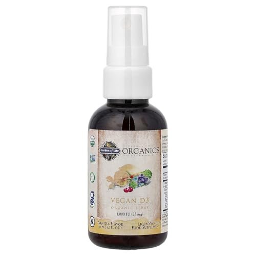 Garden of Life Organics Vegan Vitamin D3 Spray mit Pflanzlichen Omegas – Flüssiges Vitamin D3 für Immununterstützung & Knochengesundheit, 1000 IE, USDA Bio, Nicht-GVO, Vanillegeschmack, 59 ml Flasche, 125 Portionen