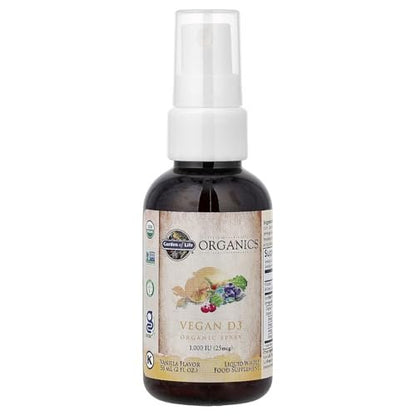 Garden of Life Organics Vegan Vitamin D3 Spray mit Pflanzlichen Omegas – Flüssiges Vitamin D3 für Immununterstützung & Knochengesundheit, 1000 IE, USDA Bio, Nicht-GVO, Vanillegeschmack, 59 ml Flasche, 125 Portionen