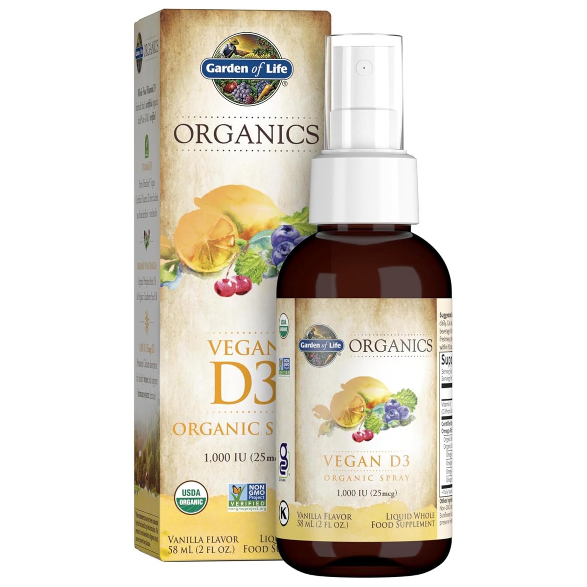 Garden of Life Organics Vegan Vitamin D3 Spray mit Pflanzlichen Omegas – Flüssiges Vitamin D3 für Immununterstützung & Knochengesundheit, 1000 IE, USDA Bio, Nicht-GVO, Vanillegeschmack, 59 ml Flasche, 125 Portionen