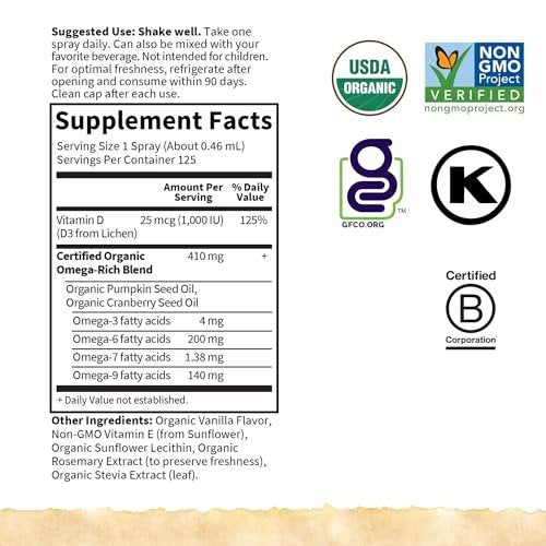 Garden of Life Organics Vegan Vitamin D3 Spray mit Pflanzlichen Omegas – Flüssiges Vitamin D3 für Immununterstützung & Knochengesundheit, 1000 IE, USDA Bio, Nicht-GVO, Vanillegeschmack, 59 ml Flasche, 125 Portionen