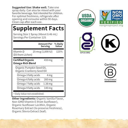Garden of Life Organics Vegan Vitamin D3 Spray mit Pflanzlichen Omegas – Flüssiges Vitamin D3 für Immununterstützung & Knochengesundheit, 1000 IE, USDA Bio, Nicht-GVO, Vanillegeschmack, 59 ml Flasche, 125 Portionen