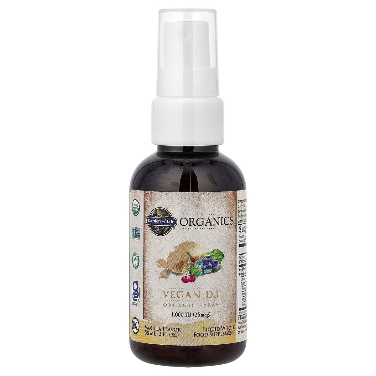 Garden of Life Organics Vegan Vitamin D3 Spray mit Pflanzlichen Omegas – Flüssiges Vitamin D3 für Immununterstützung & Knochengesundheit, 1000 IE, USDA Bio, Nicht-GVO, Vanillegeschmack, 59 ml Flasche, 125 Portionen