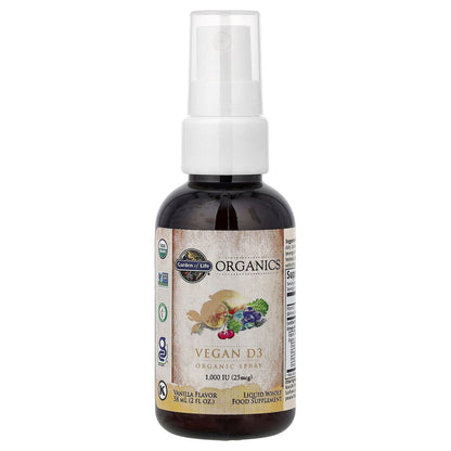 Garden of Life Organics Vegan Vitamin D3 Spray mit Pflanzlichen Omegas – Flüssiges Vitamin D3 für Immununterstützung & Knochengesundheit, 1000 IE, USDA Bio, Nicht-GVO, Vanillegeschmack, 59 ml Flasche, 125 Portionen