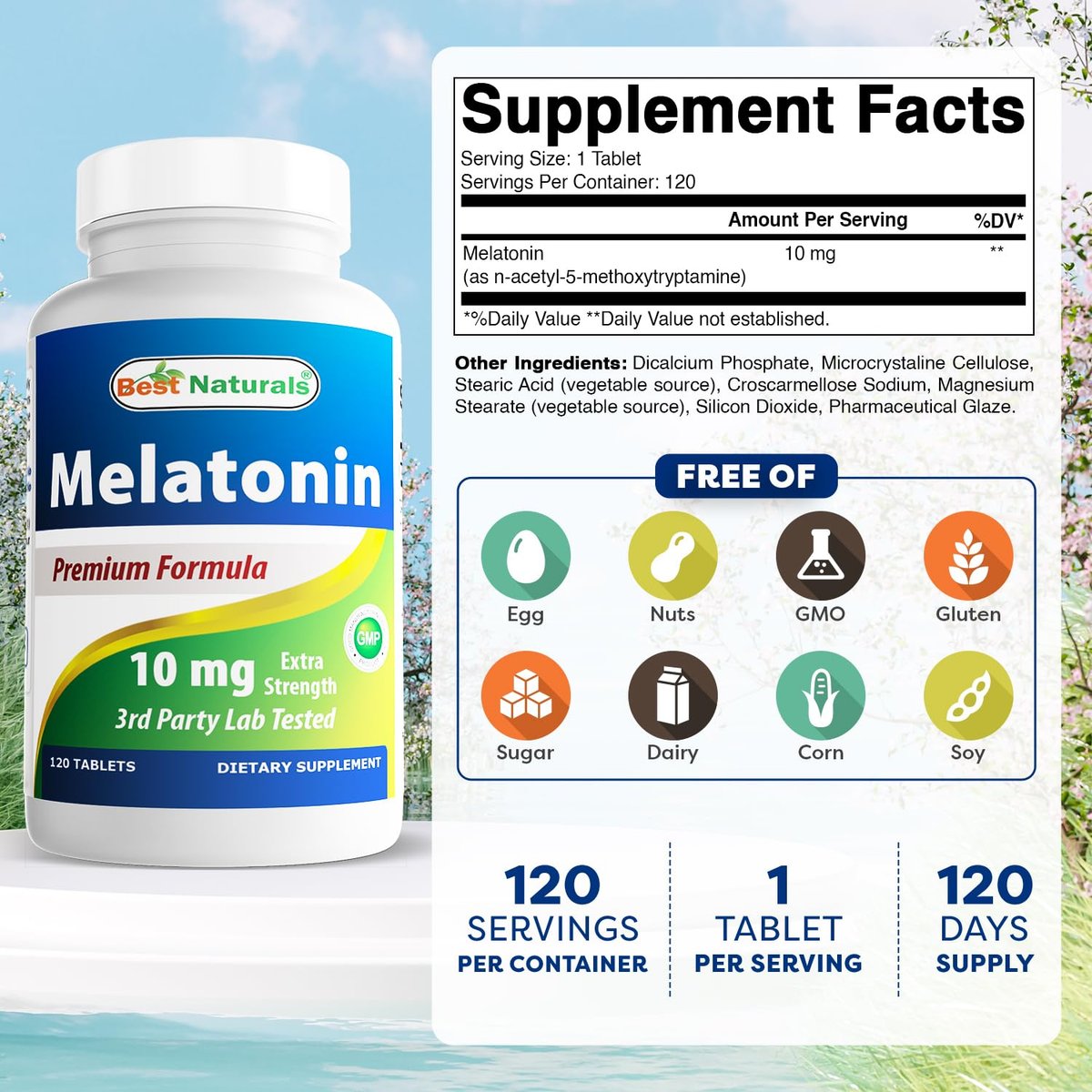 Best Naturals Melatonin 10 mg (Non-GMO) Tabletten – Fördert Entspannung und Schlaf – 120 Stück