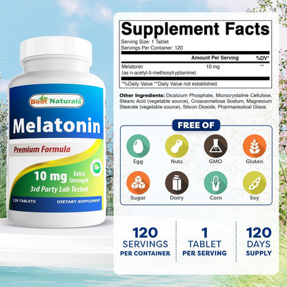 Best Naturals Melatonin 10 mg (Non-GMO) Tabletten – Fördert Entspannung und Schlaf – 120 Stück