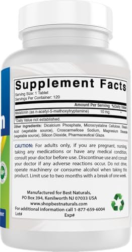 Best Naturals Melatonin 10 mg (Non-GMO) Tabletten – Fördert Entspannung und Schlaf – 120 Stück