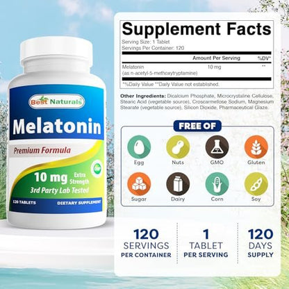 Best Naturals Melatonin 10 mg (Non-GMO) Tabletten – Fördert Entspannung und Schlaf – 120 Stück