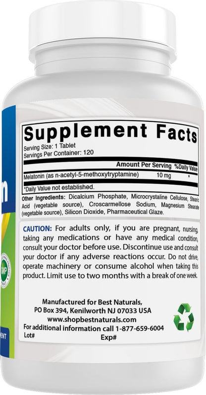 Best Naturals Melatonin 10 mg (Non-GMO) Tabletten – Fördert Entspannung und Schlaf – 120 Stück